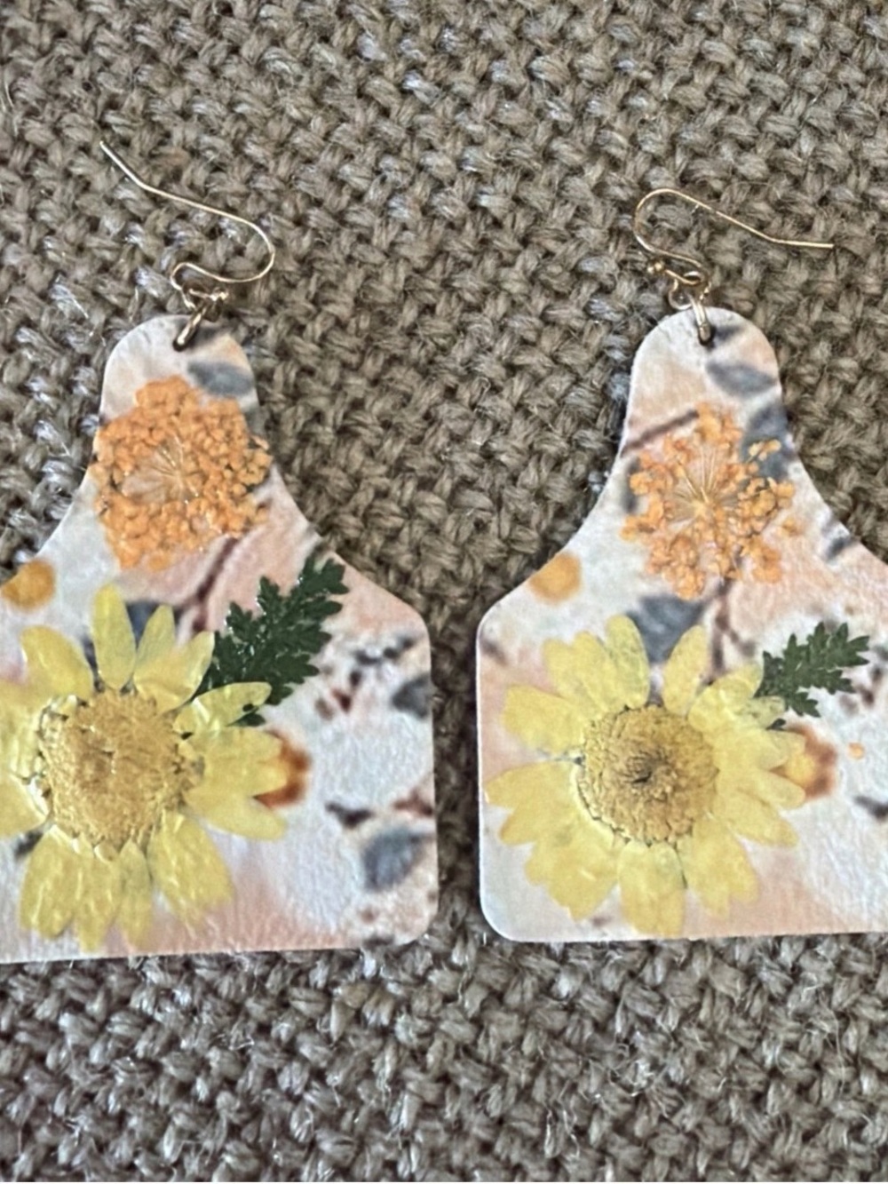 Pressed Flower Leather Dangle Cowtag Earrings for Women Handmade